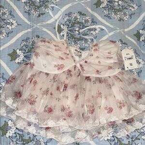 ARULA Floral Mesh Top - Pink and White